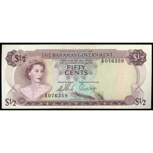 Bahamas 1/2 Dollar 1965 Elizabeth II 2 Signatures "A" Prefix VF-20