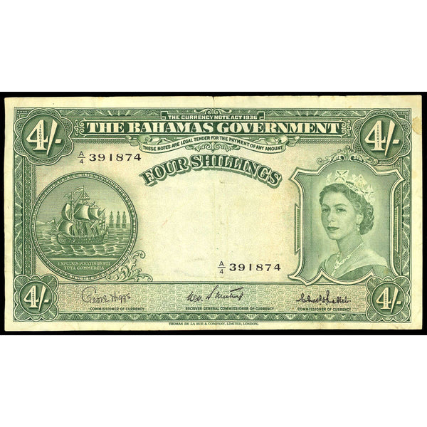 Bahamas 4 Shillings 1953 Elizabeth II Center signature W. H. Sweeting, Chas. P. Bethel at right. VF-20