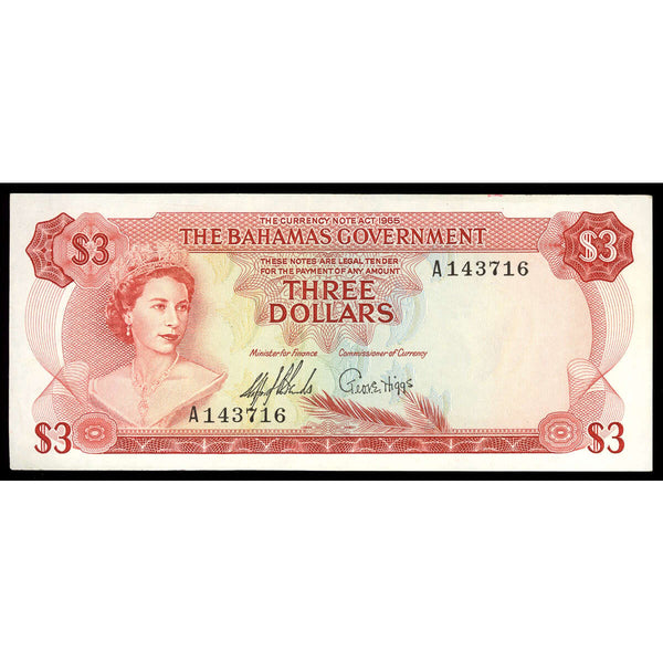 Bahamas 3 Dollars 1965 Elizabeth II 2 signatures, Sands and Higgs. EF-40