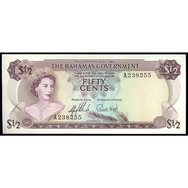 Bahamas 1/2 Dollar 1965 Elizabeth II 2 Signatures "A" Prefix EF-40