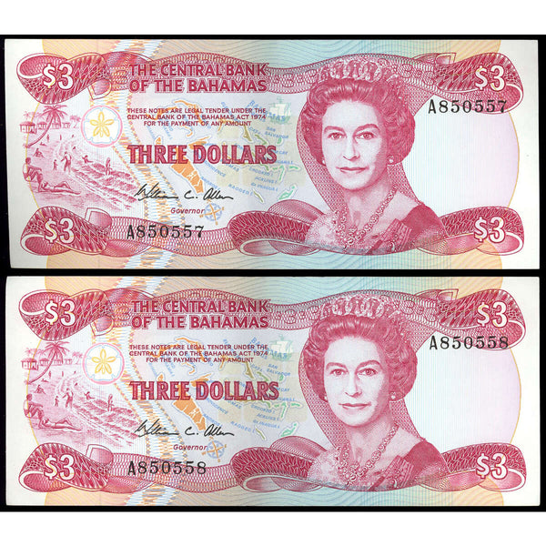Bahamas 3 Dollars 1984 Central Bank of the Bahamas EF-45