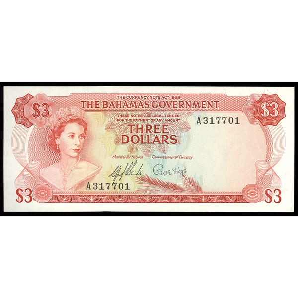 Bahamas 3 Dollars 1965 Elizabeth II 2 Signatures AU-50