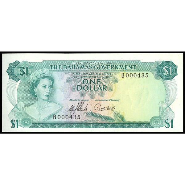 Bahamas 1 Dollar 1965 Elizabeth II 2 signatures. AU-55