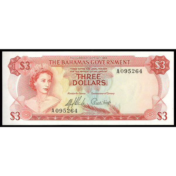 Bahamas 3 Dollars 1965 Elizabeth II 2 signatures, Sands and Higgs. UNC-60