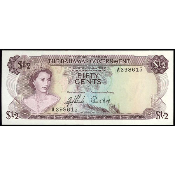 Bahamas 1/2 Dollar 1965 Elizabeth II 2 Signatures "A" Prefix UNC-60