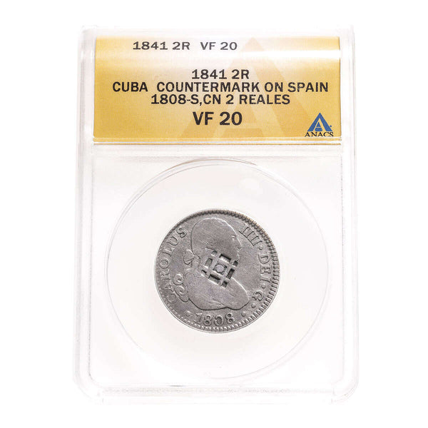 Cuba Silver 1841 -  2 Reales Charles IV Countermark on Spain 1808S 2 Reales ANACS VF-20