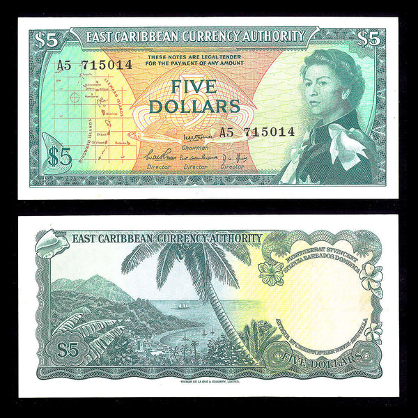 East Caribbean States 5 Dollars 1965 Elizabeth II Signature 1. Back variety 1. Prefix: A AU-55