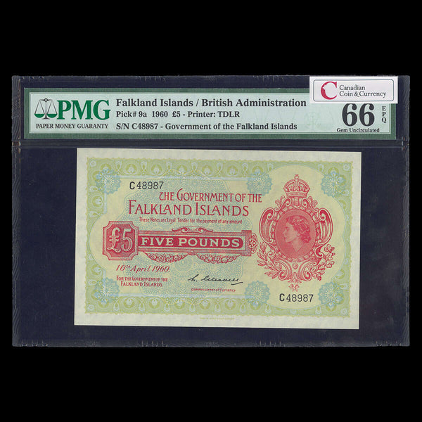 Falkland Islands 5 Pounds 1960 Elizabeth II Signature L. Gleadel. 10.4.1960. GUNC-66 PMG