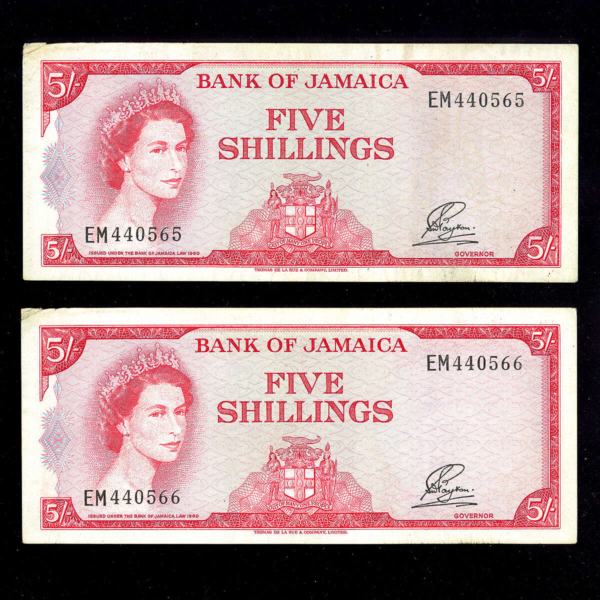 Jamaica 5 Shillings 1961 Elizabeth II Consecutive pair VF-35