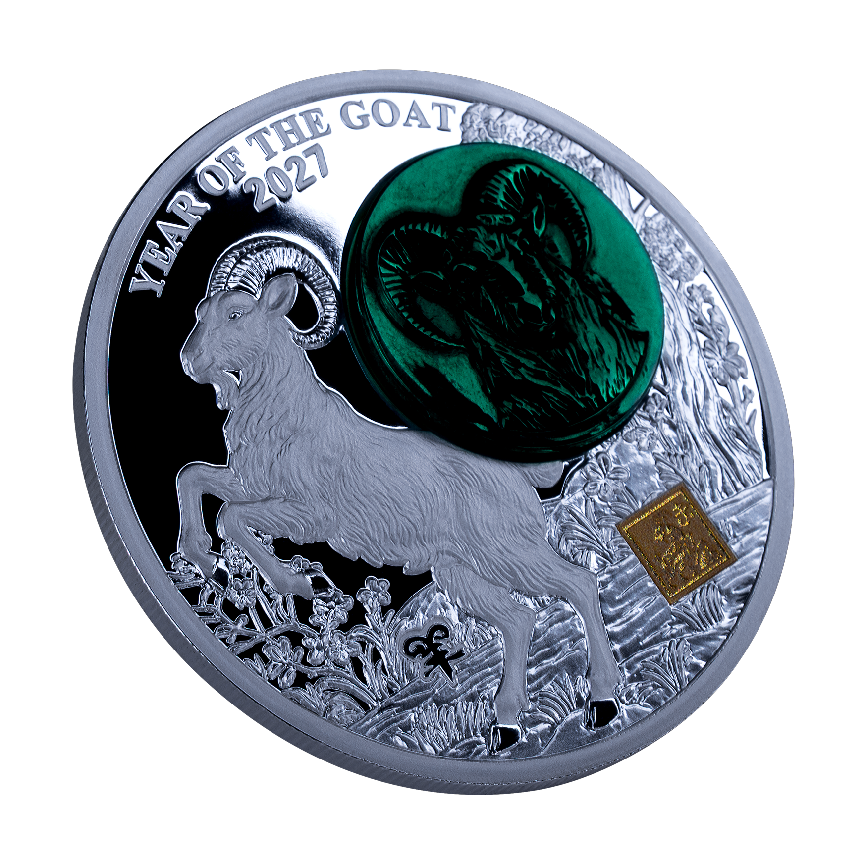 2027 25 Francs Year of the Goat - Pure Silver Coin with Jade
