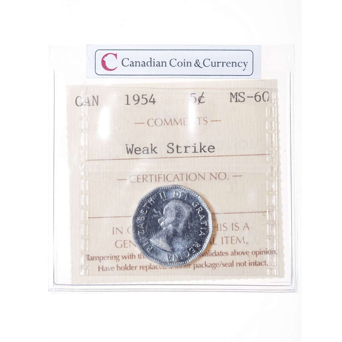 5 cent 1954 Weak Strike; SF ICCS MS-60