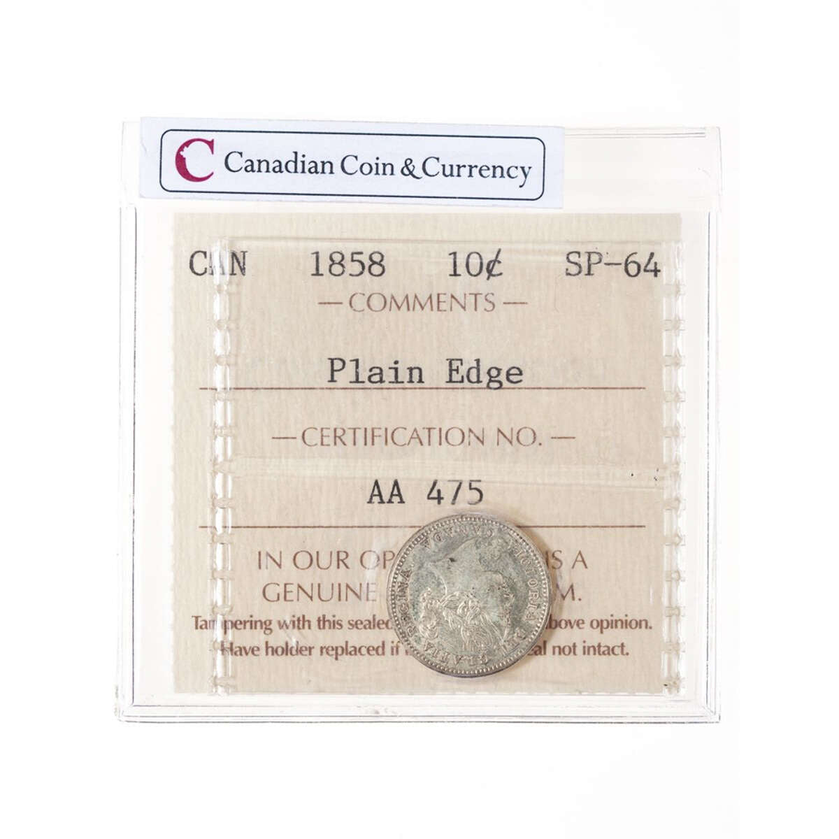 10 cent 1858 Plain Edge ICCS SP-64