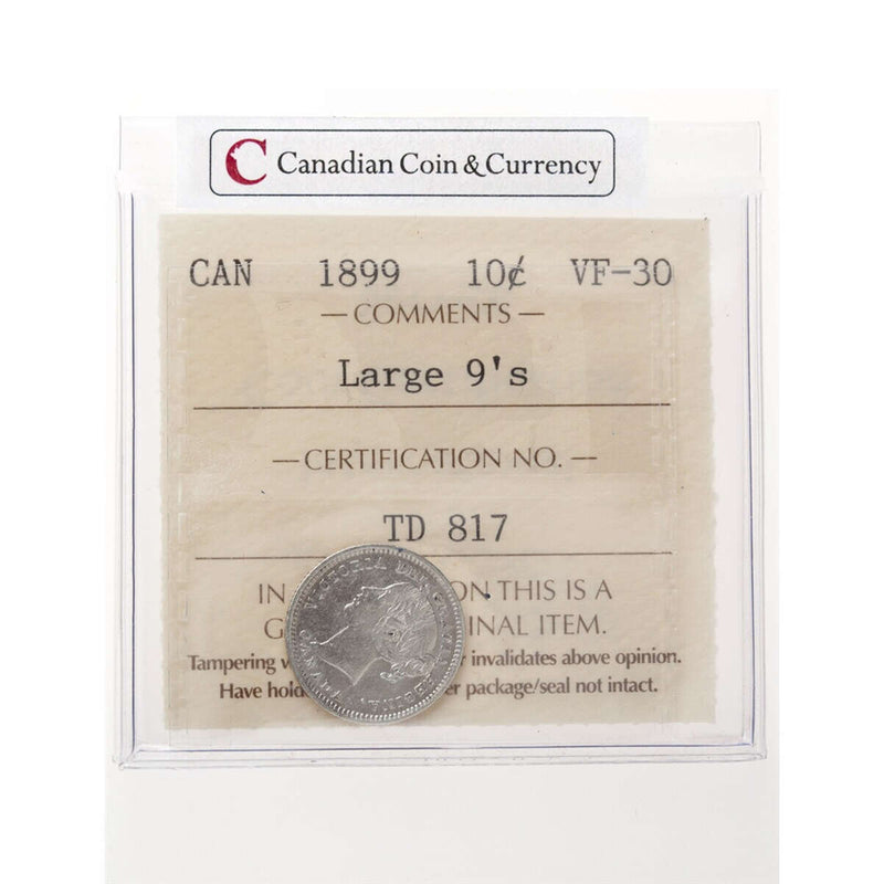 10 cent 1899 Large 9s ICCS VF-30
