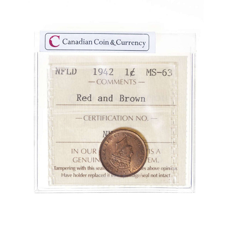 NFLD 1 cent 1942 Red Brown ICCS MS-63