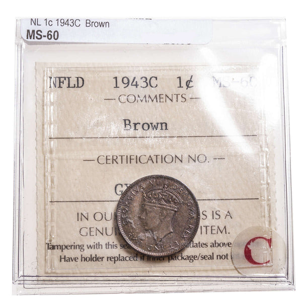 NFLD 1 cent 1943C Brown ICCS MS-60