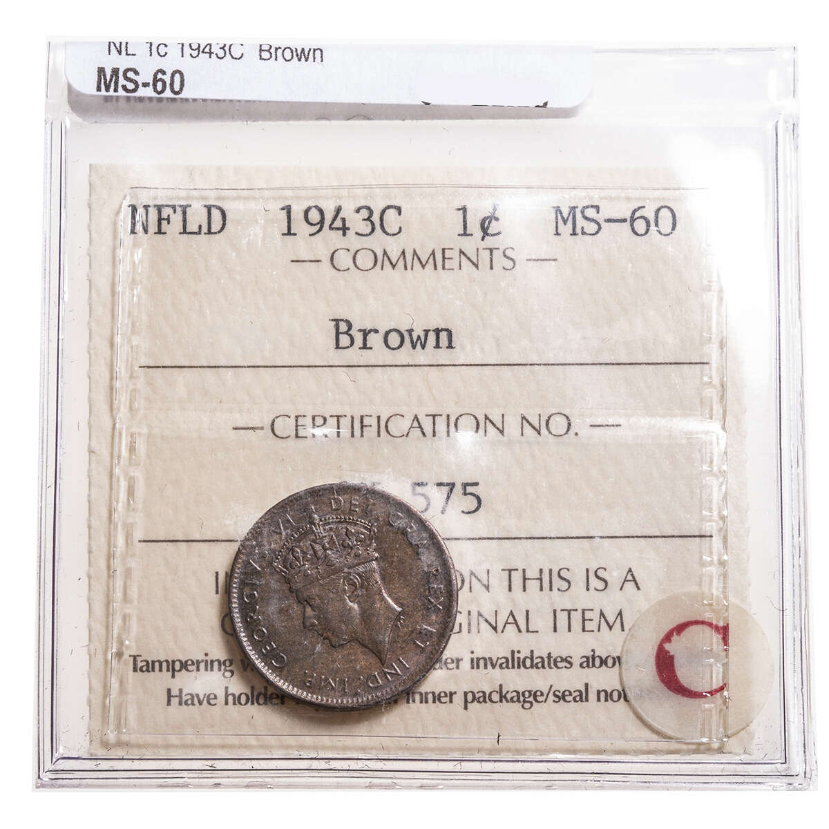 NFLD 1 cent 1943C Brown ICCS MS-60