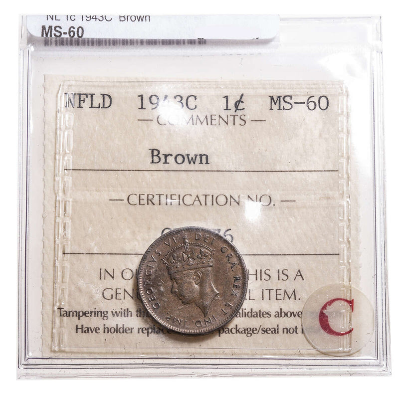 NFLD 1 cent 1943C Brown ICCS MS-60