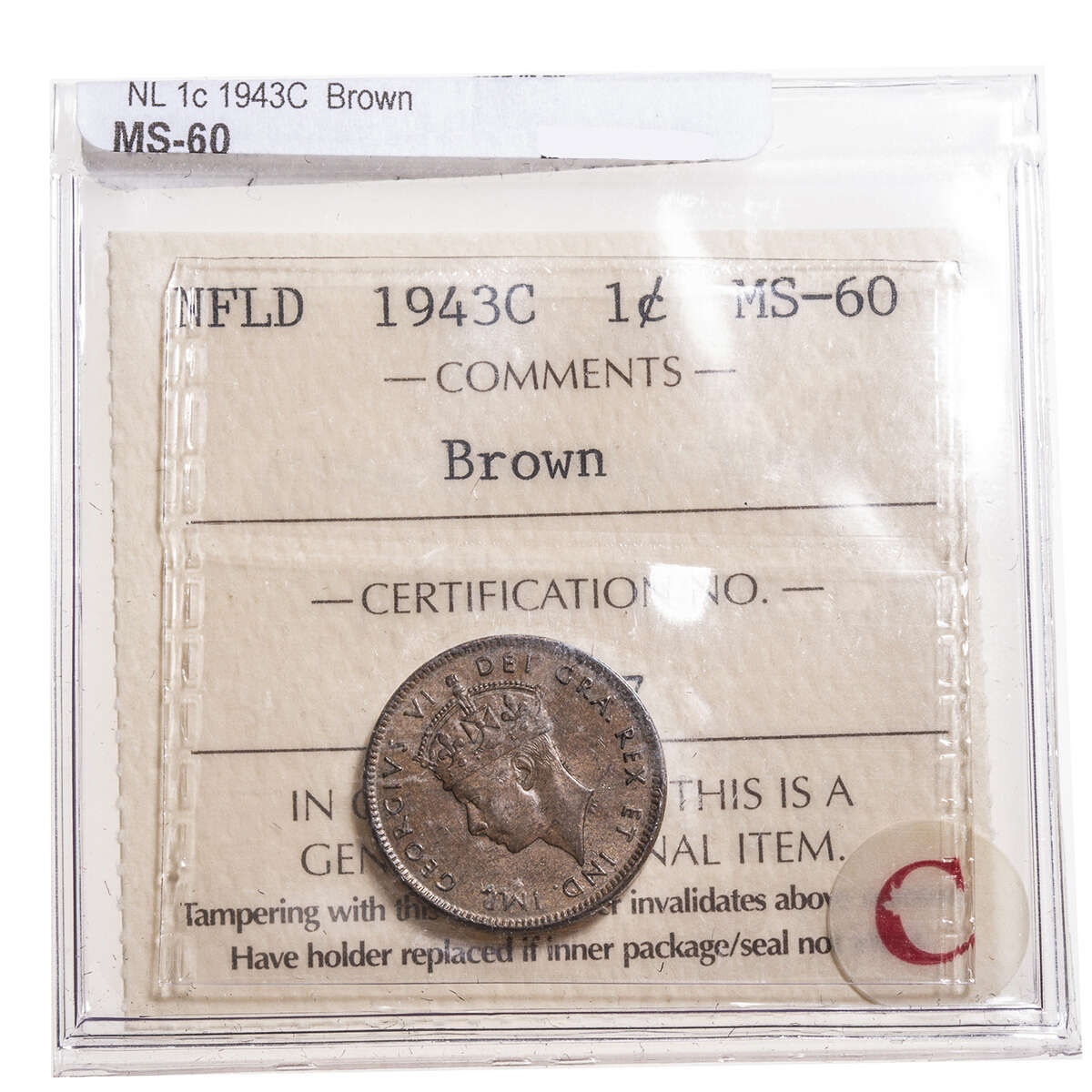 NFLD 1 cent 1943C Brown ICCS MS-60