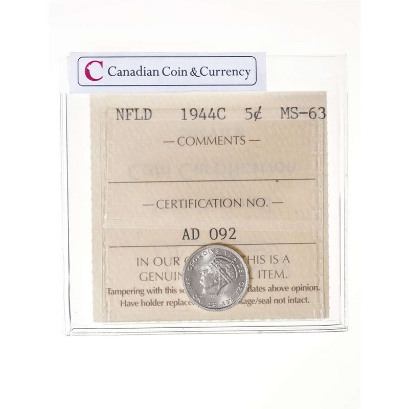 NFLD 5 cent 1944C  ICCS MS-63