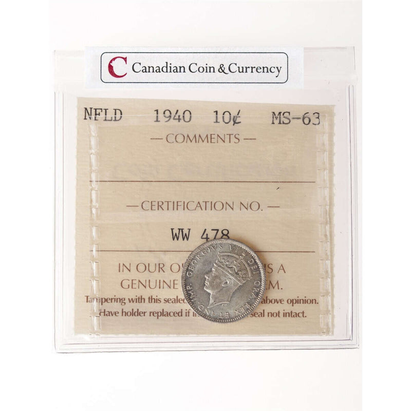 NFLD 10 cent 1940  ICCS MS-63
