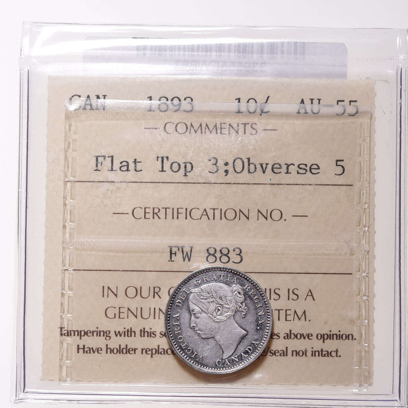 10 cent 1893 Flat Top 3; Obv 5 ICCS AU-55