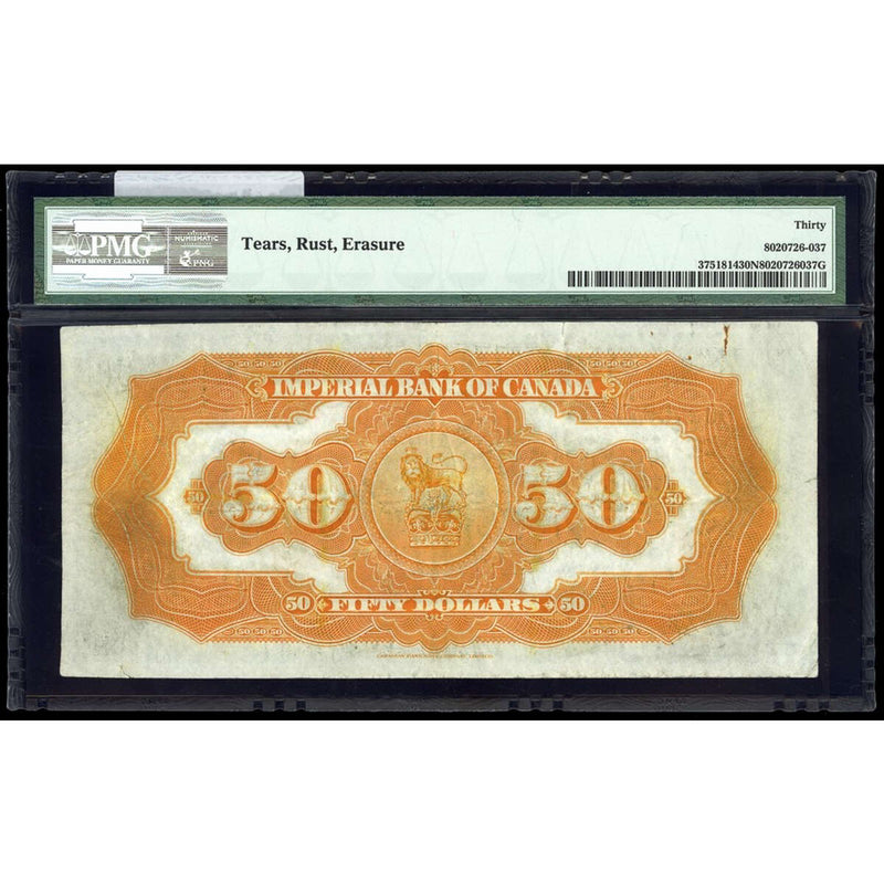 The Imperial Bank of Canada $50 1923 Howland, l. PMG VF-30