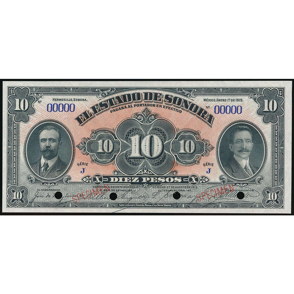 Mexico 10 Pesos 1915 El Estado de Sonora Specimen  UNC