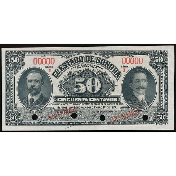 Mexico 50 Centavos 1915 El Estado de Sonora Specimen  UNC