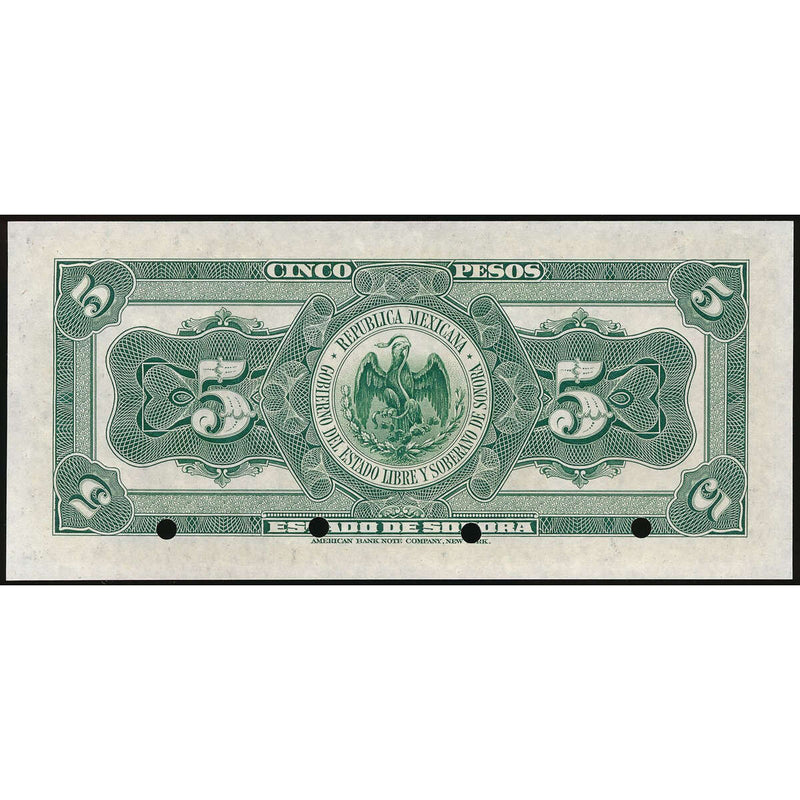 Mexico 5 Pesos 1915 El Estado de Sonora Specimen  UNC