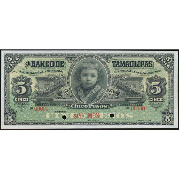 Mexico 5 Pesos 1902-14 Banco de Tamaulipas Specimen  UNC