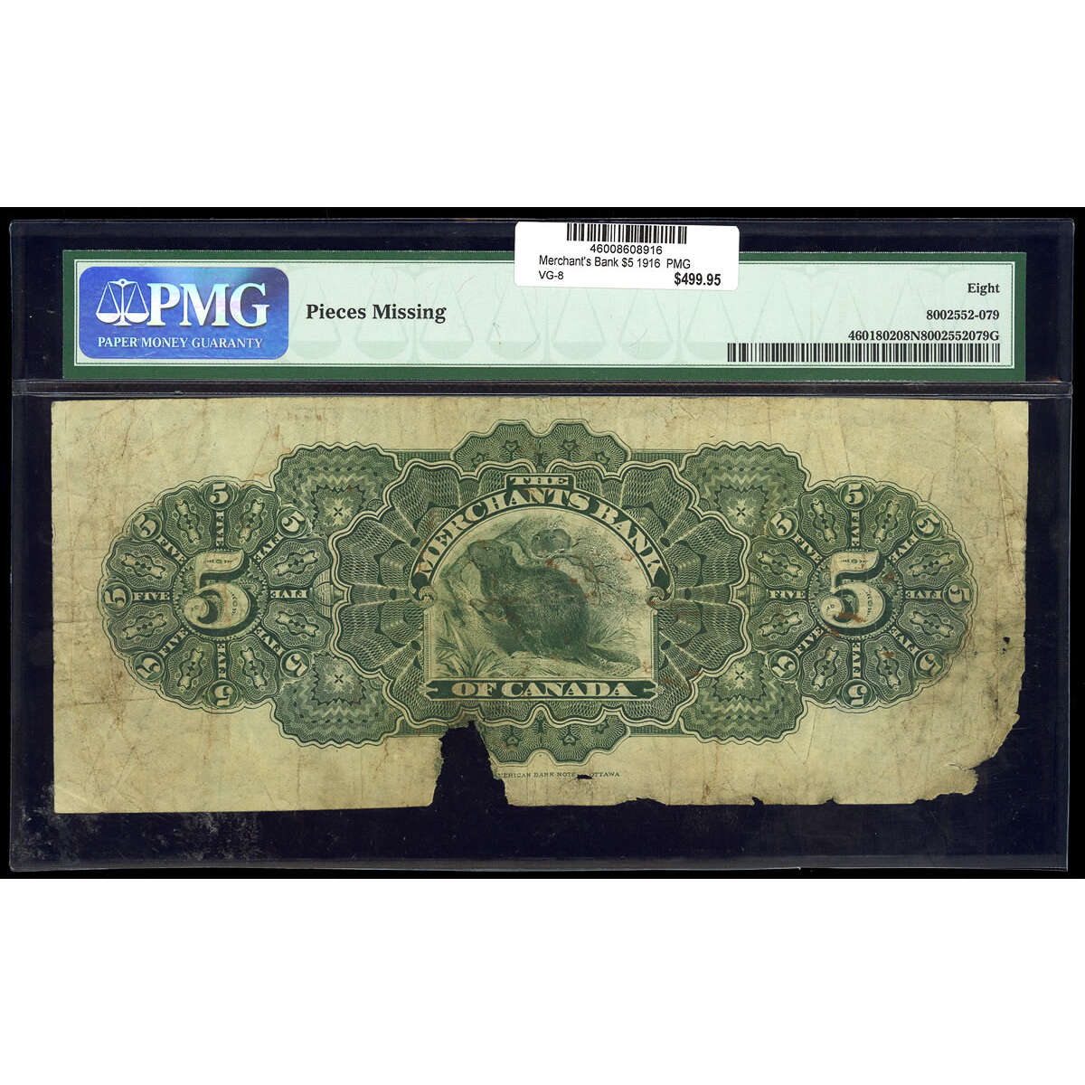 The Merchants Bank of Canada $5 1916  PMG VG-8