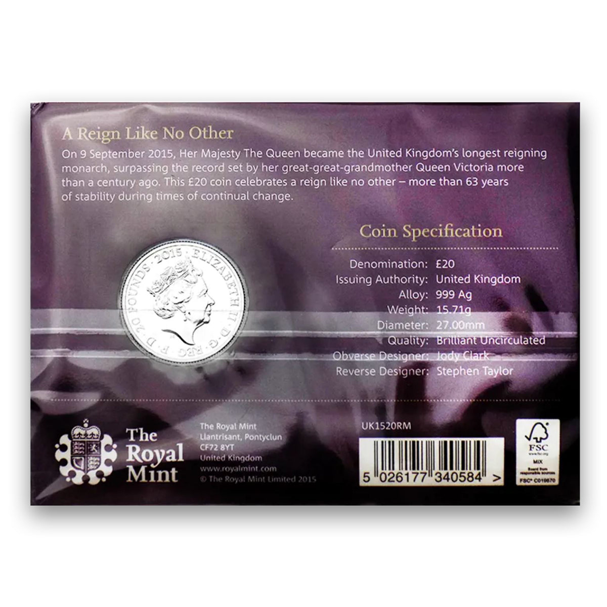 2015 20 Pounds Longest Reigning Monarch - Pure Silver Coin