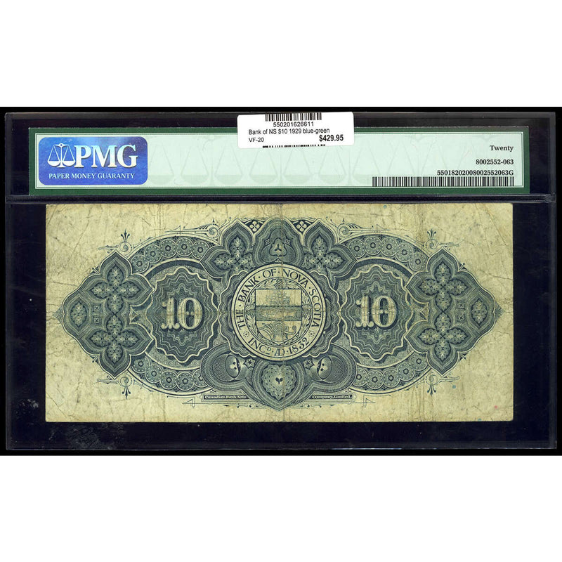 The Bank of Nova Scotia $10 1929 blue-green tint PMG VF-20