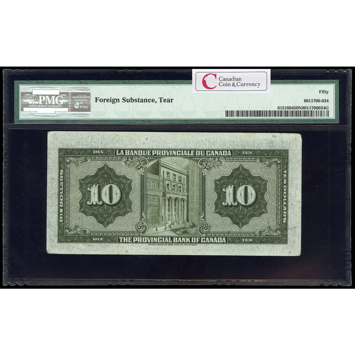 La Banque Provinciale du Canada $10 1935  PMG AU-50