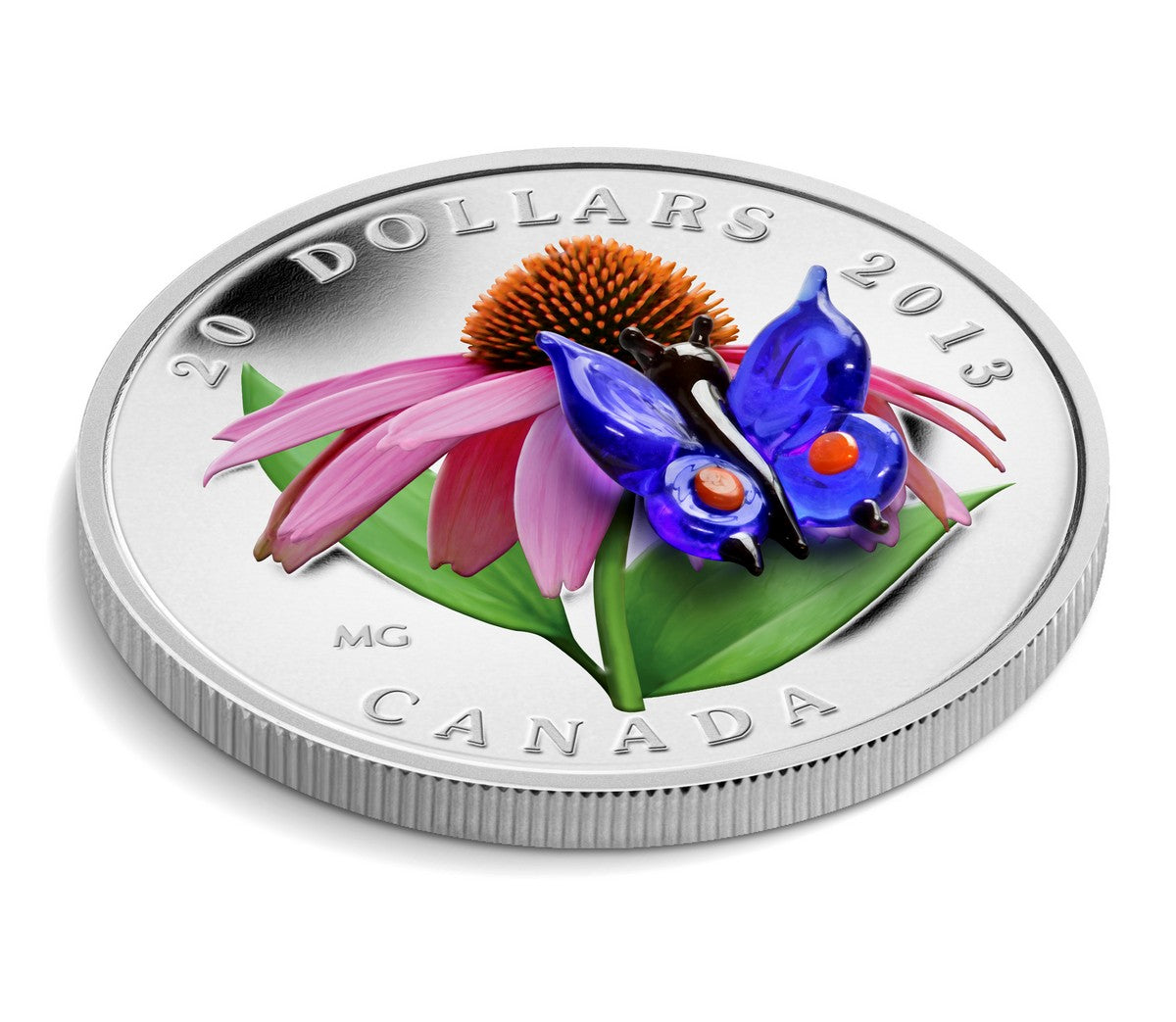 2013 $20 Purple Coneflower with Venetian Glass Butterfly - Pure Silver Coin