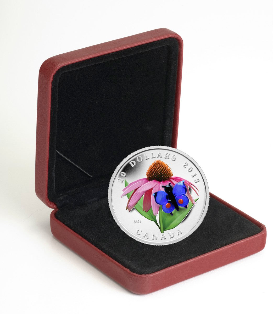 2013 $20 Purple Coneflower with Venetian Glass Butterfly - Pure Silver Coin