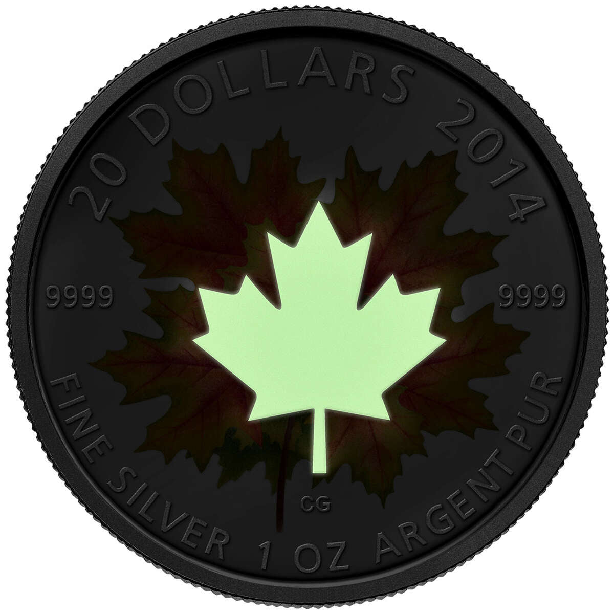 2014 $20 Maple Leaves - Pure Silver Glow-in-the Dark Coin