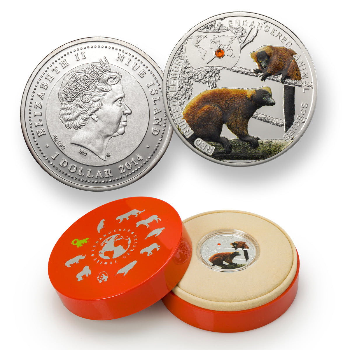 2014 $1 Endangered Animal Species: Red Ruffled Lemur - Pure Silver Coin