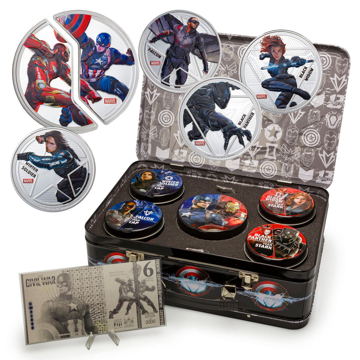 2016 $1 Captain America: Civil War - Pure Silver 6-Coin Set with Lunchbox Display Case