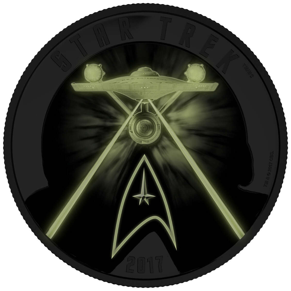 2017 $30 Star Trekᵀᴹ: Five Captains - Pure Silver Coloured Glow-in-the-Dark Coin