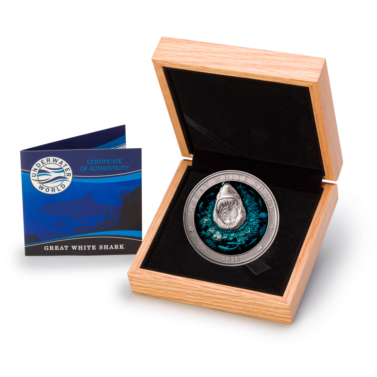 2018 $5 Underwater World: Great White Shark - Pure Silver Coin