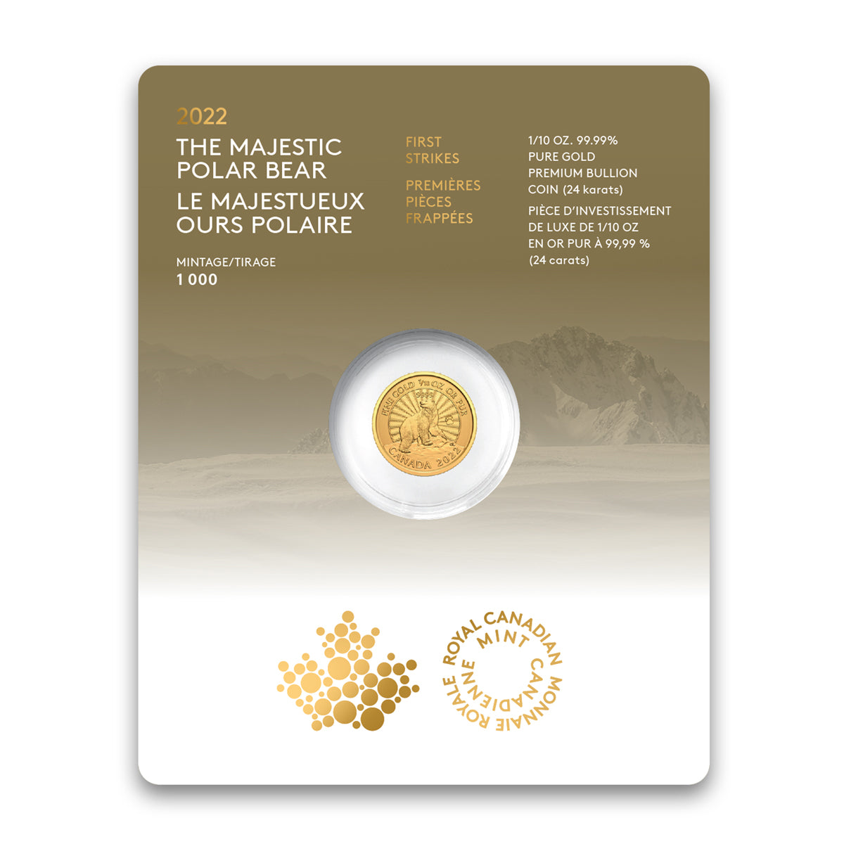 2022 $5 Majestic Polar Bear: First Strikes - Pure 1/10th oz Gold Coin