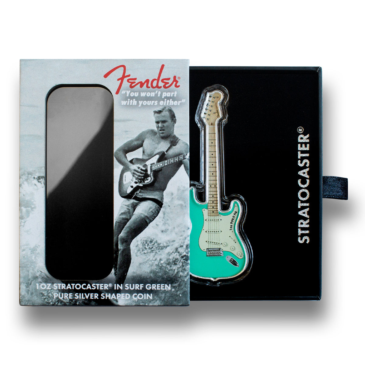 2022 $2 Fender&reg Stratocaster&reg: Surf Green - Pure Silver Shaped Coin