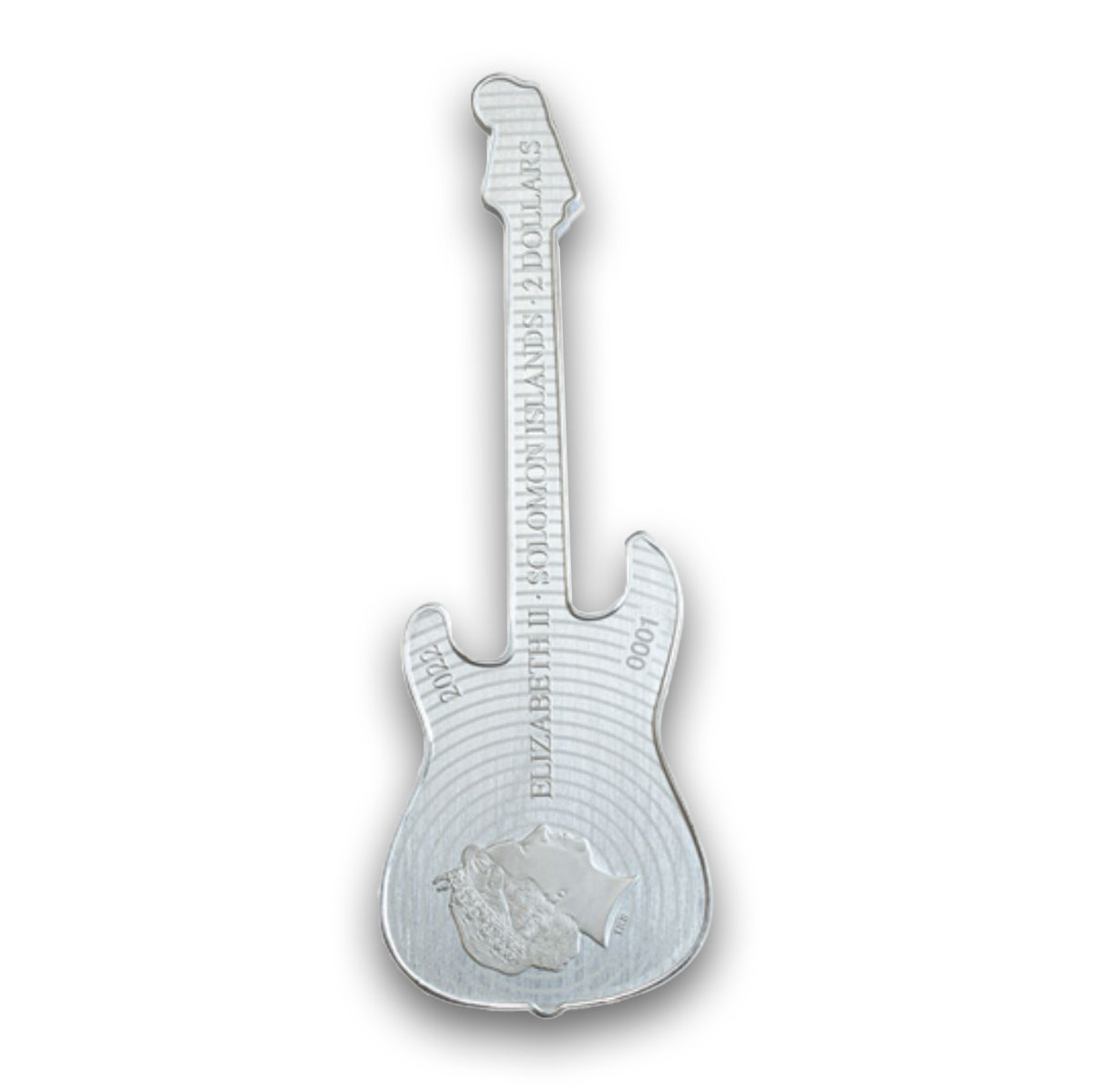 2022 $2 Fender Stratocaster: Fiesta Red - Pure Silver Shaped Coin