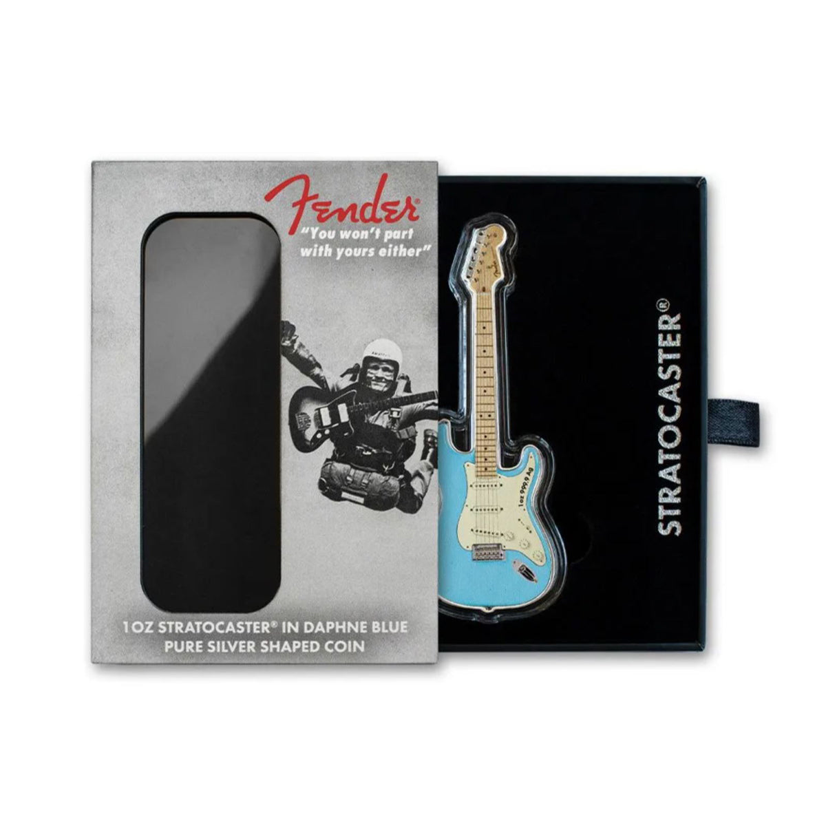 2023 $2 Fender Stratocaster: Daphne Blue - Pure Silver Shaped Coin