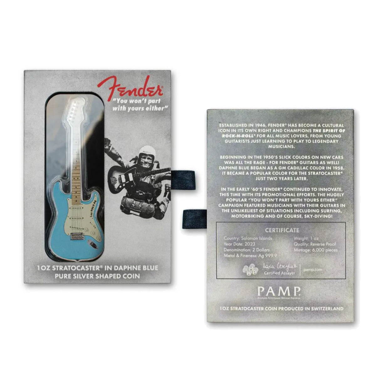 2023 $2 Fender Stratocaster: Daphne Blue - Pure Silver Shaped Coin