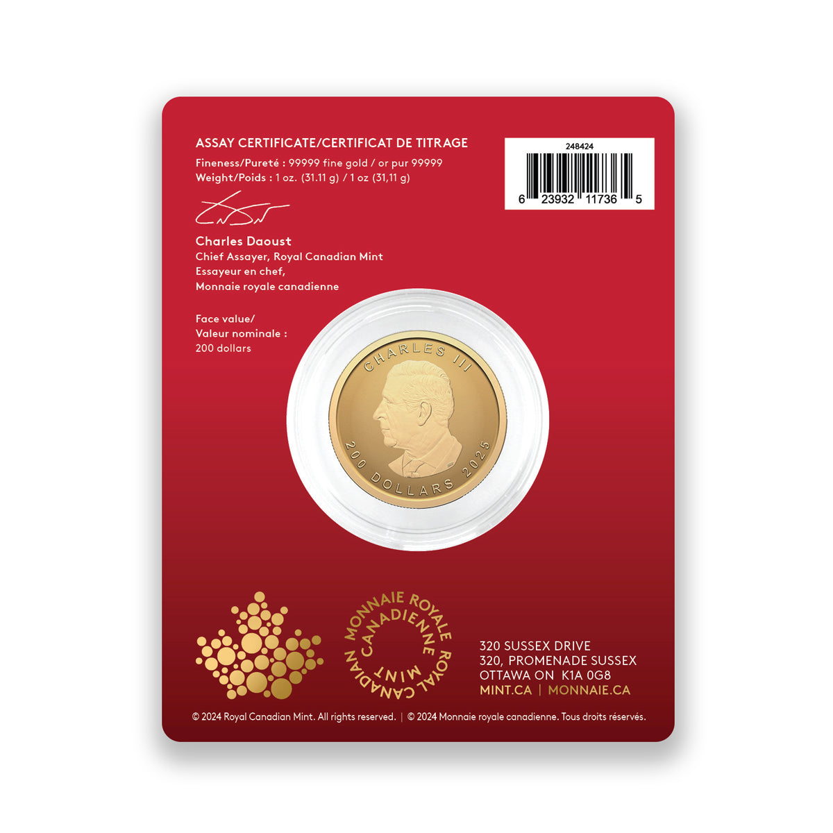 2025 $200 Our Purest Maple Leaf: Premium Bullion - Pure Gold Coin