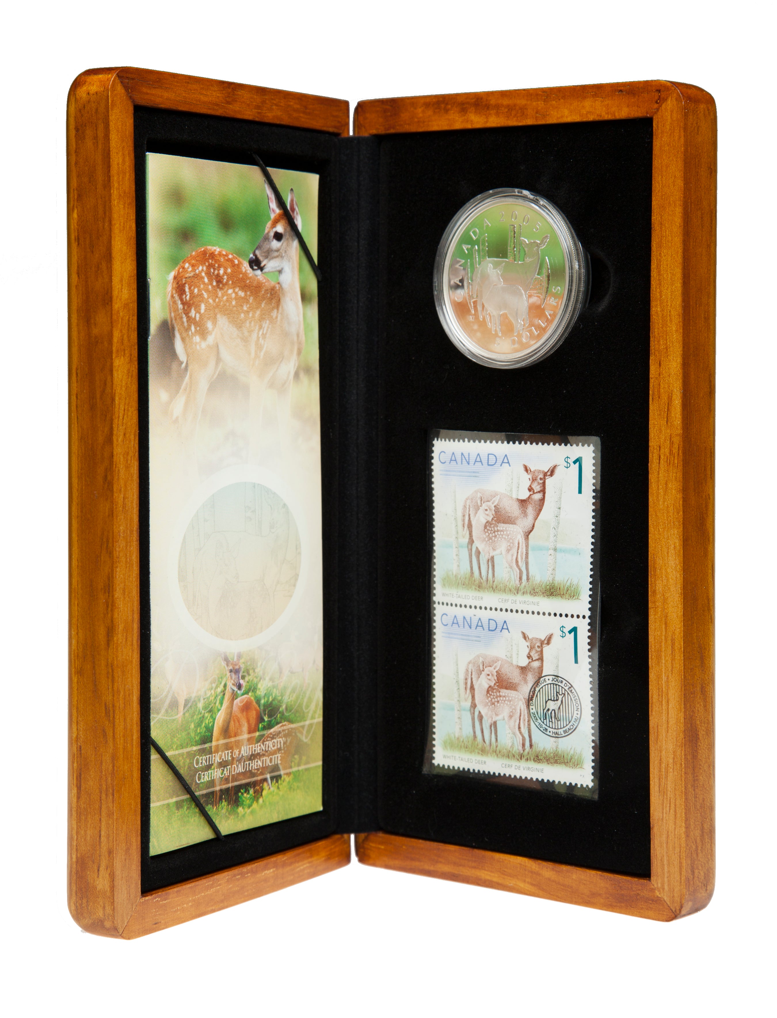 2005 $5 White-Tailed Deer and Fawn - Pure Silver Coin and Stamp Set