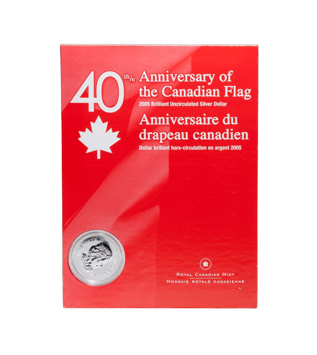 2005 $1 Canadian Flag, 40th Anniversary - Pure Silver Dollar B.U & CD