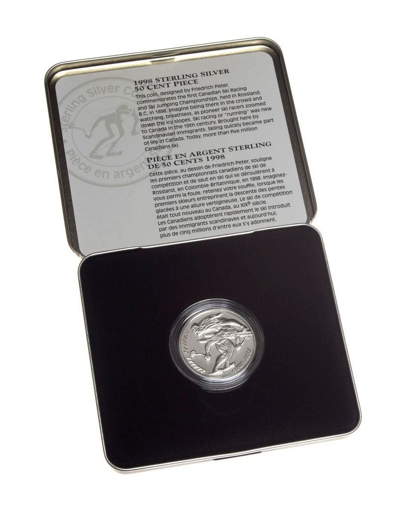 1998 50c Canadian Sports Firsts: First Canadian Ski Running/Ski Jumping Championship - Sterling Silver Coin